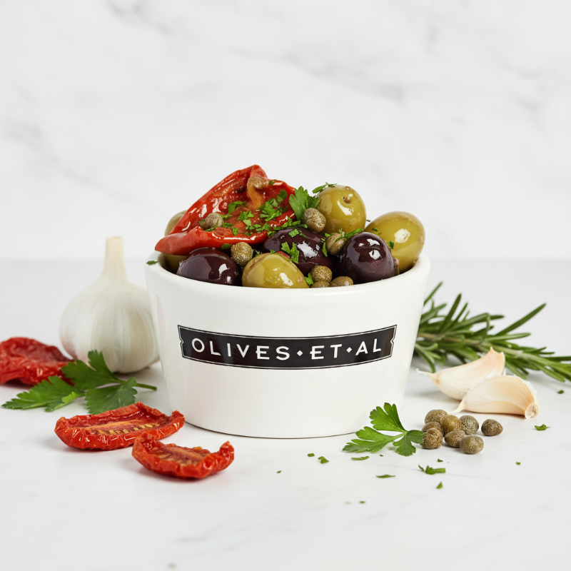 Assorted olives and vegetables in a container labeled 'Olives Et Al' on a white background.