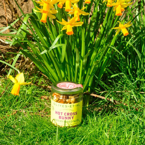 Jar of hot cross bunny nuts in a garden with daffodils