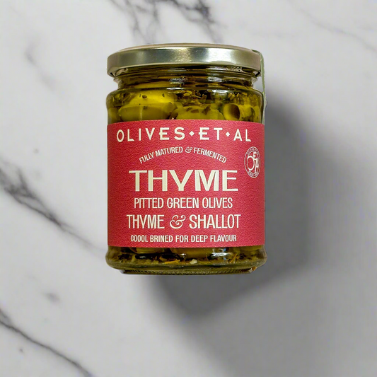 Thyme & Shallot Green Olives in a Jar for Retail Wholesale