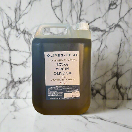 A 5 litre container of Spanish extra virgin olive oil for foodservice and home, perfect for everyday cooking and dressing.