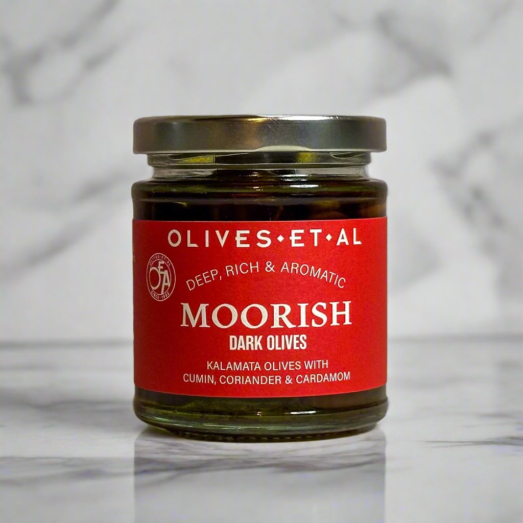 Moorish Kalamata Cumin Dark Olives in a Jar for Retail Wholesale