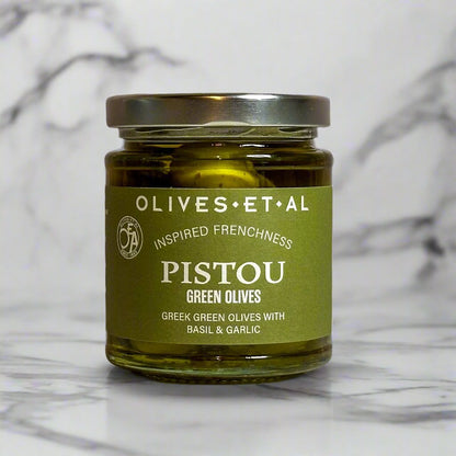 Pistou Basil and Garlic Green Olives in a Jar for Foodservice Wholesale