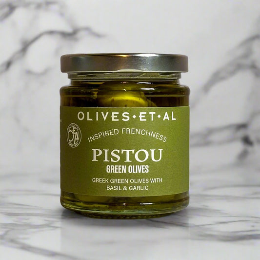 Pistou Basil and Garlic Green Olives in a Jar for Foodservice Wholesale