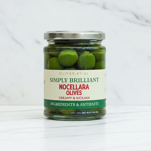 Jar of Nocellara Olives with a white label on a light gray background