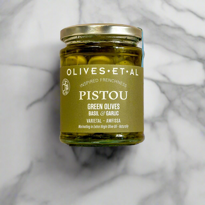Pistou Basil and Garlic Green Olives in a Jar for Foodservice Wholesale