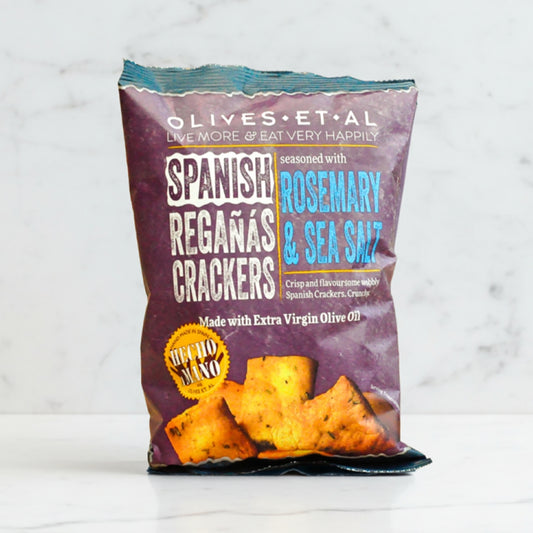 Bag of Spanish Regánñs Crackers with Rosemary & Sea Salt on a white background