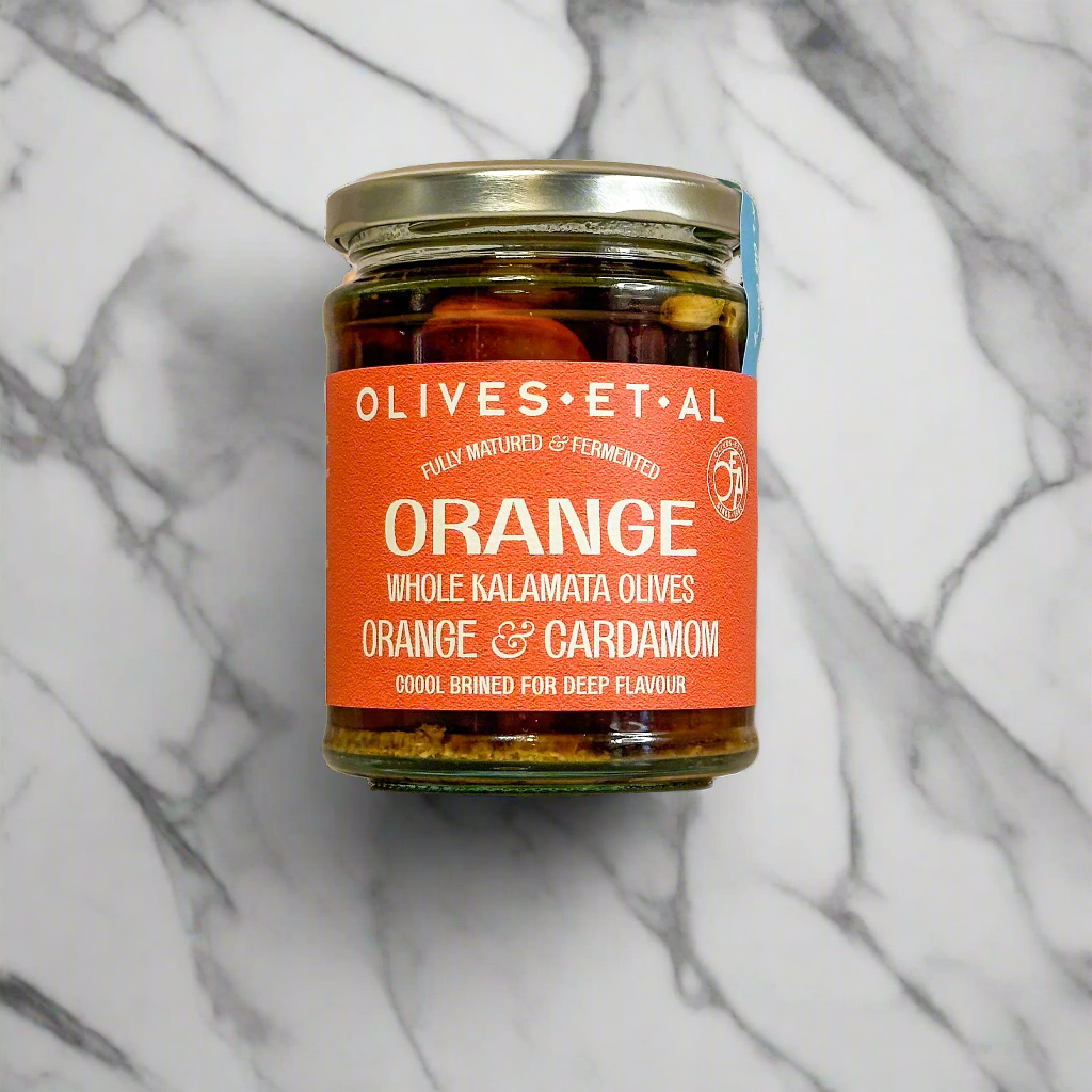 Orange and Cardamom Whole Kalamata Olives in a Jar for Foodservice Wholesale