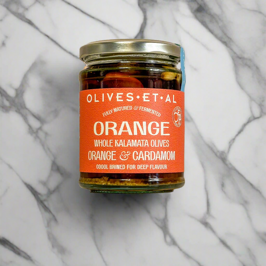 Orange and Cardamom Whole Kalamata Olives in a Jar for Foodservice Wholesale