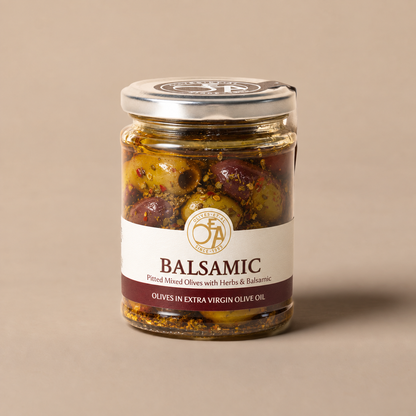 Jar of Balsamic pitted mixed olives in Extra Virgin Olive Oil