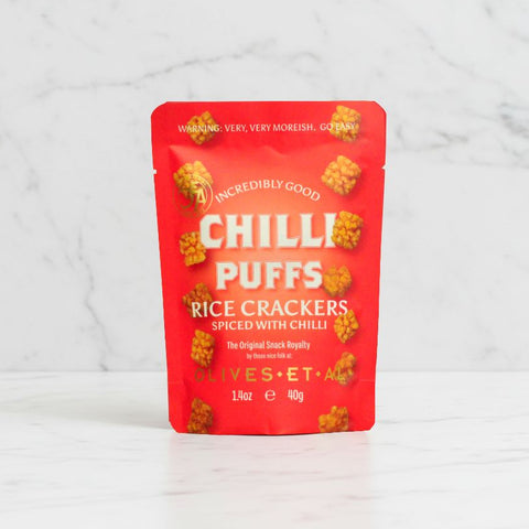 Red package of Chilli Puffs rice crackers on a white background