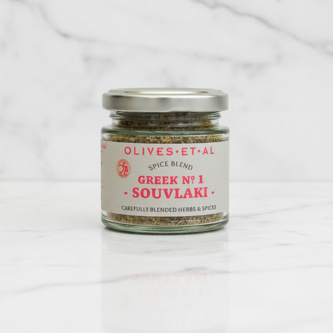 Jar of Olives et al Greek No 1 Souvlaki spice blend on a white background