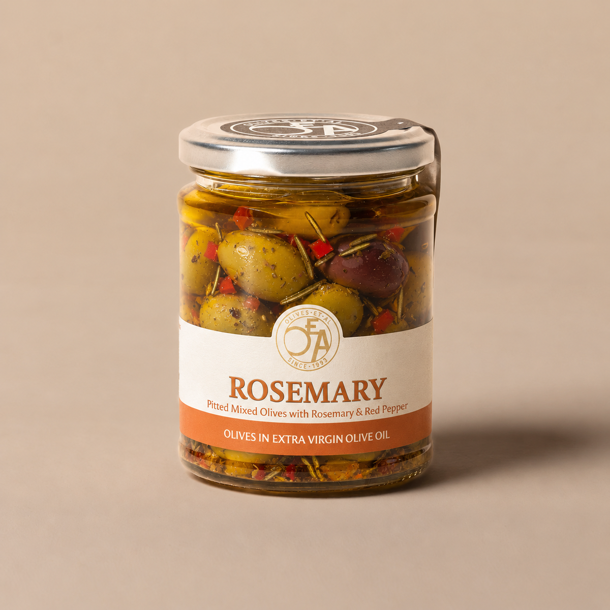 Jar of Rosemary pitted mixed olives in Extra Virgin Olive Oil