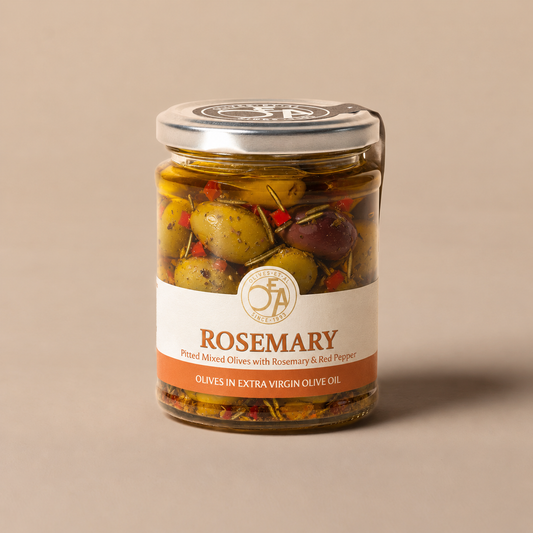 Jar of Rosemary pitted mixed olives in Extra Virgin Olive Oil