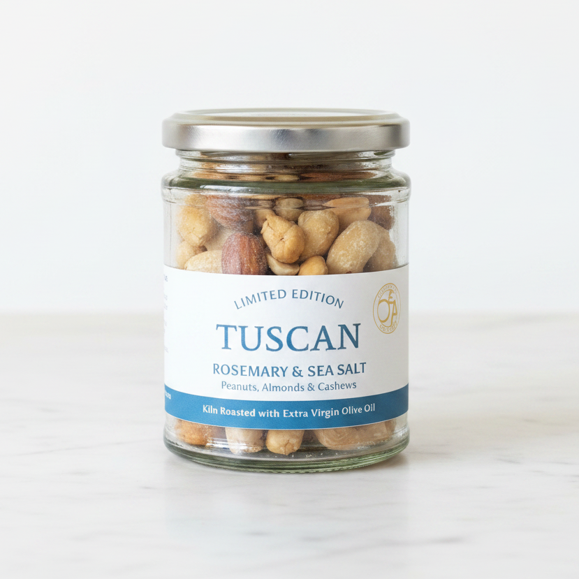 Jar of Tuscan roasted nuts with a label on a white background